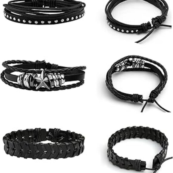 6 Punk Leather Bracelets for Women Men Braided Wristband Skull Skeleton - Picture 3 of 3